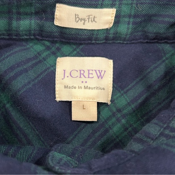 J. Crew Plaid Flannel Button Up Boxy Fit Navy and Green Boyfriend Large - Picture 5 of 7